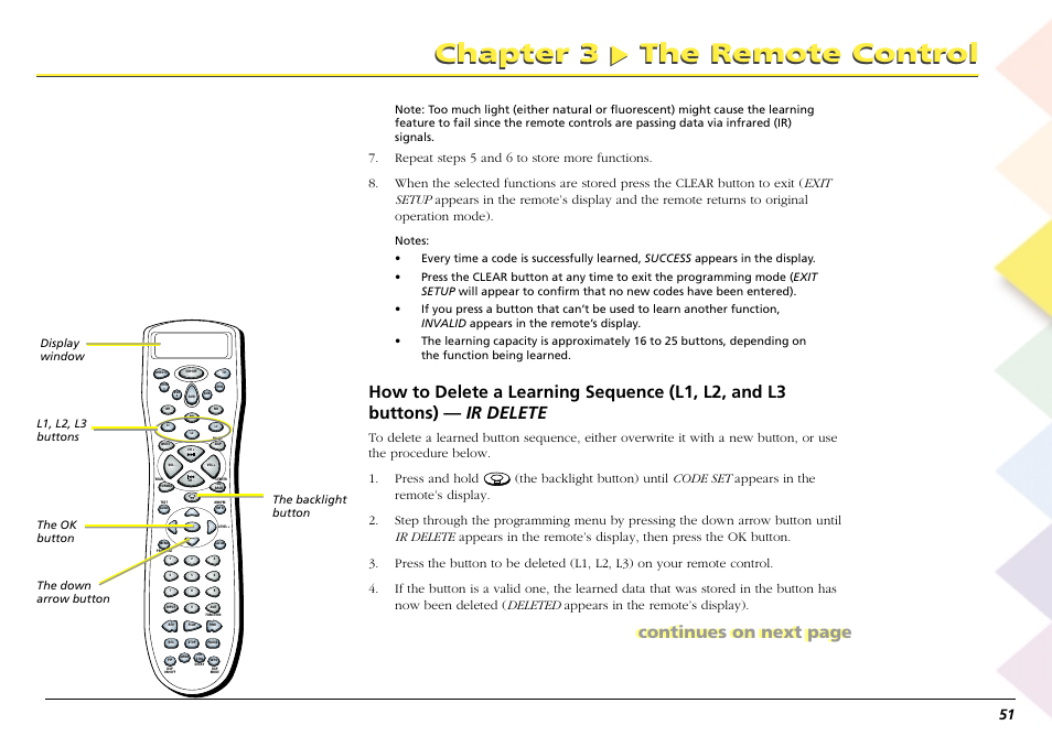 Chapter 3 the remote control, Continues on next page | RCA Scenium L50000 User Manual | Page 55 / 178