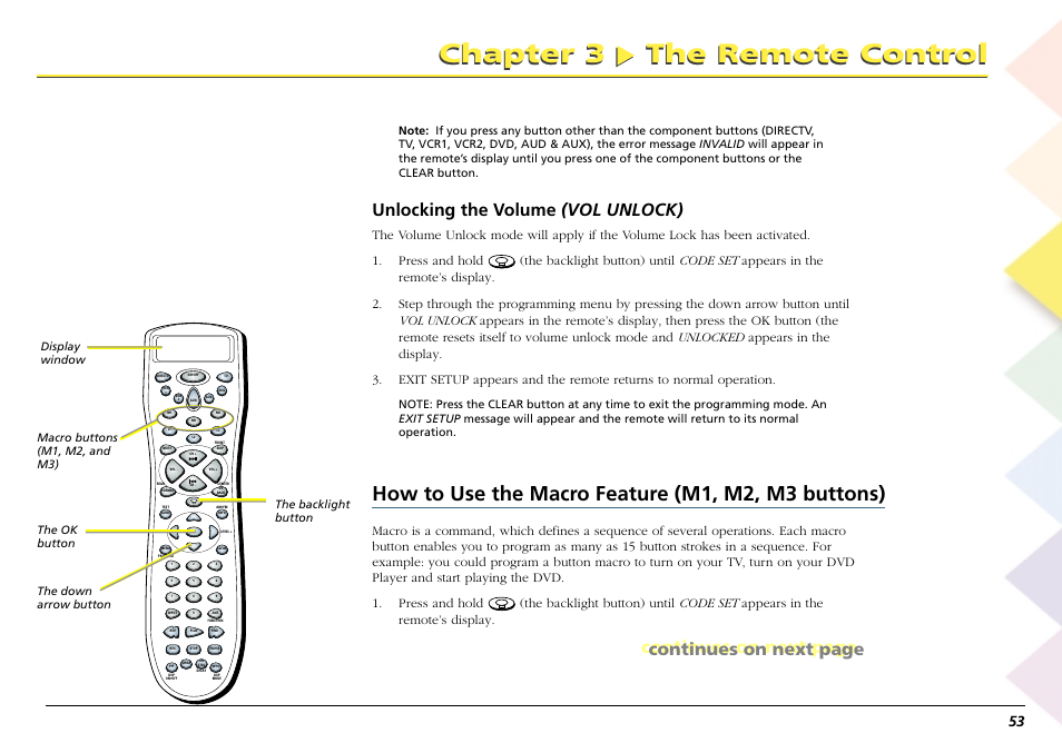 How to use the macro feature (m1, m2, m3 buttons), Chapter 3 the remote control, Unlocking the volume (vol unlock) | Continues on next page | RCA Scenium L50000 User Manual | Page 57 / 178