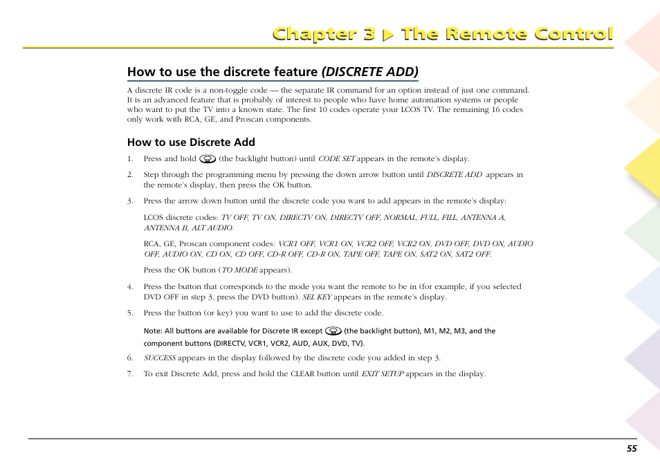 How to use the discrete feature, Chapter 3 the remote control, How to use the discrete feature (discrete add) | RCA Scenium L50000 User Manual | Page 59 / 178