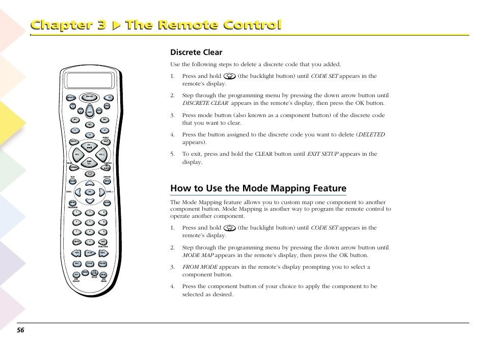 How to use the mode mapping feature, Chapter 3 the remote control, Discrete clear | RCA Scenium L50000 User Manual | Page 60 / 178