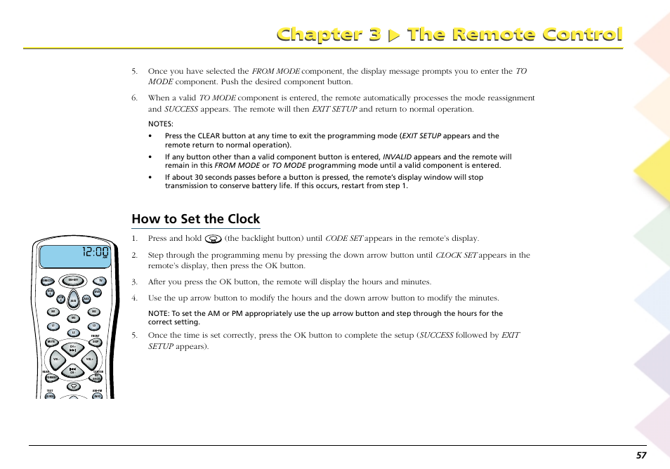 How to set the clock, How to set the clock how to reset the remote, Chapter 3 the remote control | RCA Scenium L50000 User Manual | Page 61 / 178