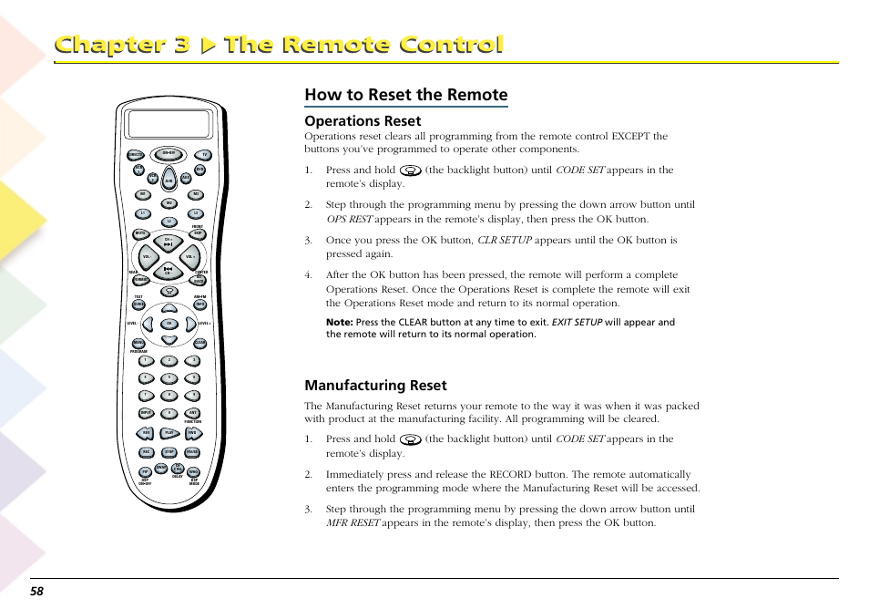 How to reset the remote, How to operate audio functions, Chapter 3 the remote control | Operations reset, Manufacturing reset | RCA Scenium L50000 User Manual | Page 62 / 178