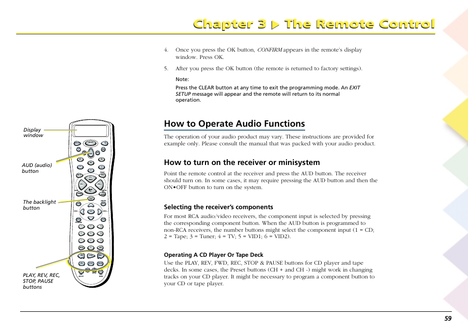 How to operate audio functions, Chapter 3 the remote control, How to turn on the receiver or minisystem | Selecting the receiver’s components | RCA Scenium L50000 User Manual | Page 63 / 178