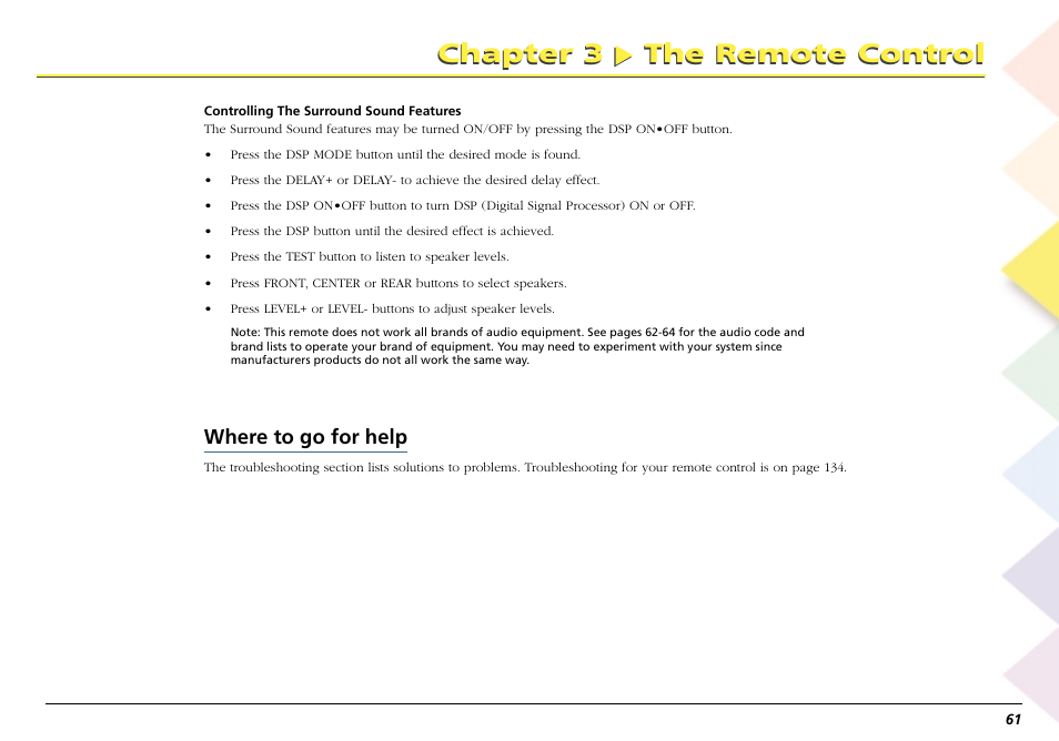 Where to go for help, Where to go for help code list, Chapter 3 the remote control | RCA Scenium L50000 User Manual | Page 65 / 178