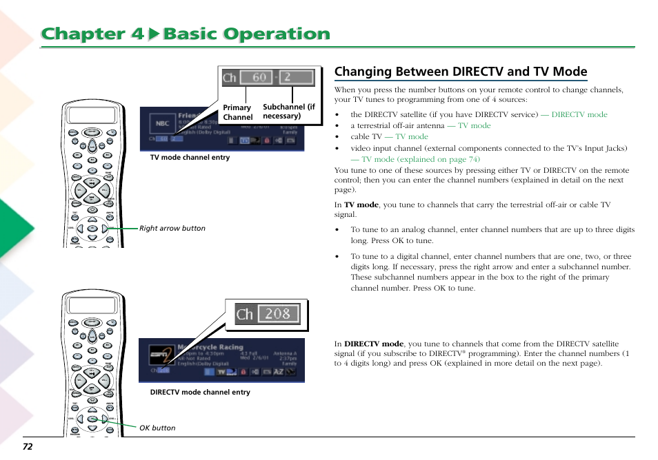 Changing between directv and tv mode, Chapter 4 basic operation, Primary channel subchannel (if necessary) | Right arrow button | RCA Scenium L50000 User Manual | Page 76 / 178