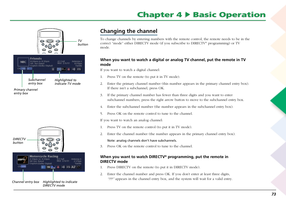 Changing the channel, Chapter 4 basic operation, When you want to watch directv | Programming, put the remote in directv mode | RCA Scenium L50000 User Manual | Page 77 / 178