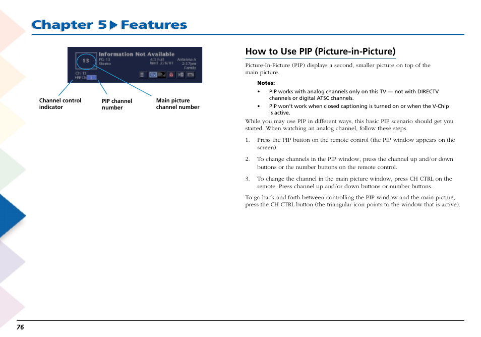 Bringing up the program guides, How to use pip (picture-in-picture), Chapter 5 features | RCA Scenium L50000 User Manual | Page 80 / 178