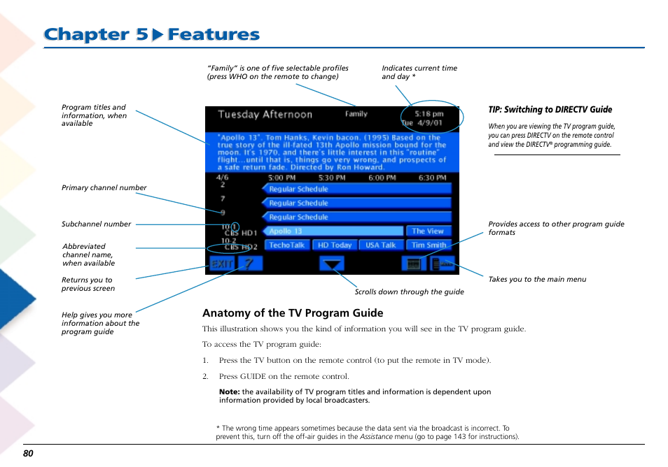 Anatomy of the tv program guide, Chapter 5 features | RCA Scenium L50000 User Manual | Page 84 / 178