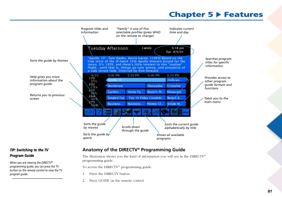 Anatomy of the directv® programming guide, Chapter 5 features, Anatomy of the directv | Programming guide | RCA Scenium L50000 User Manual | Page 85 / 178