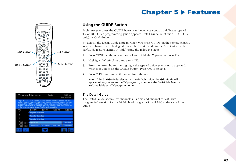 Using the guide button, Chapter 5 features, The detail guide | Programming guide appears: detail guide, surfguide, Guide button menu button, Clear button ok button | RCA Scenium L50000 User Manual | Page 87 / 178