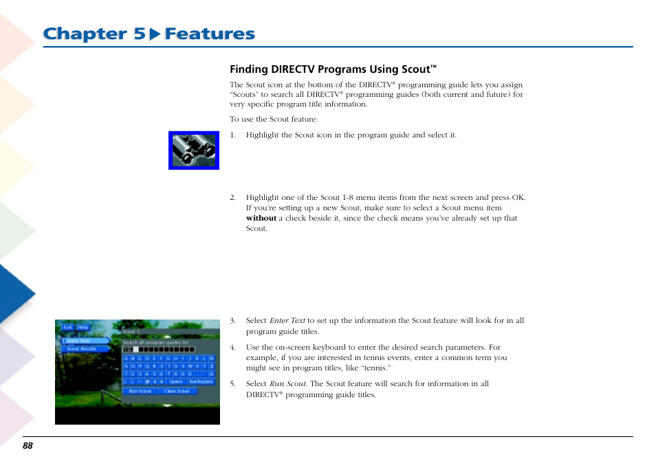 Finding directv programs using scout, Chapter 5 features | RCA Scenium L50000 User Manual | Page 92 / 178