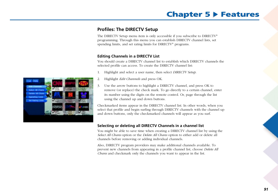 Profiles: the directv setup, Chapter 5 features | RCA Scenium L50000 User Manual | Page 95 / 178