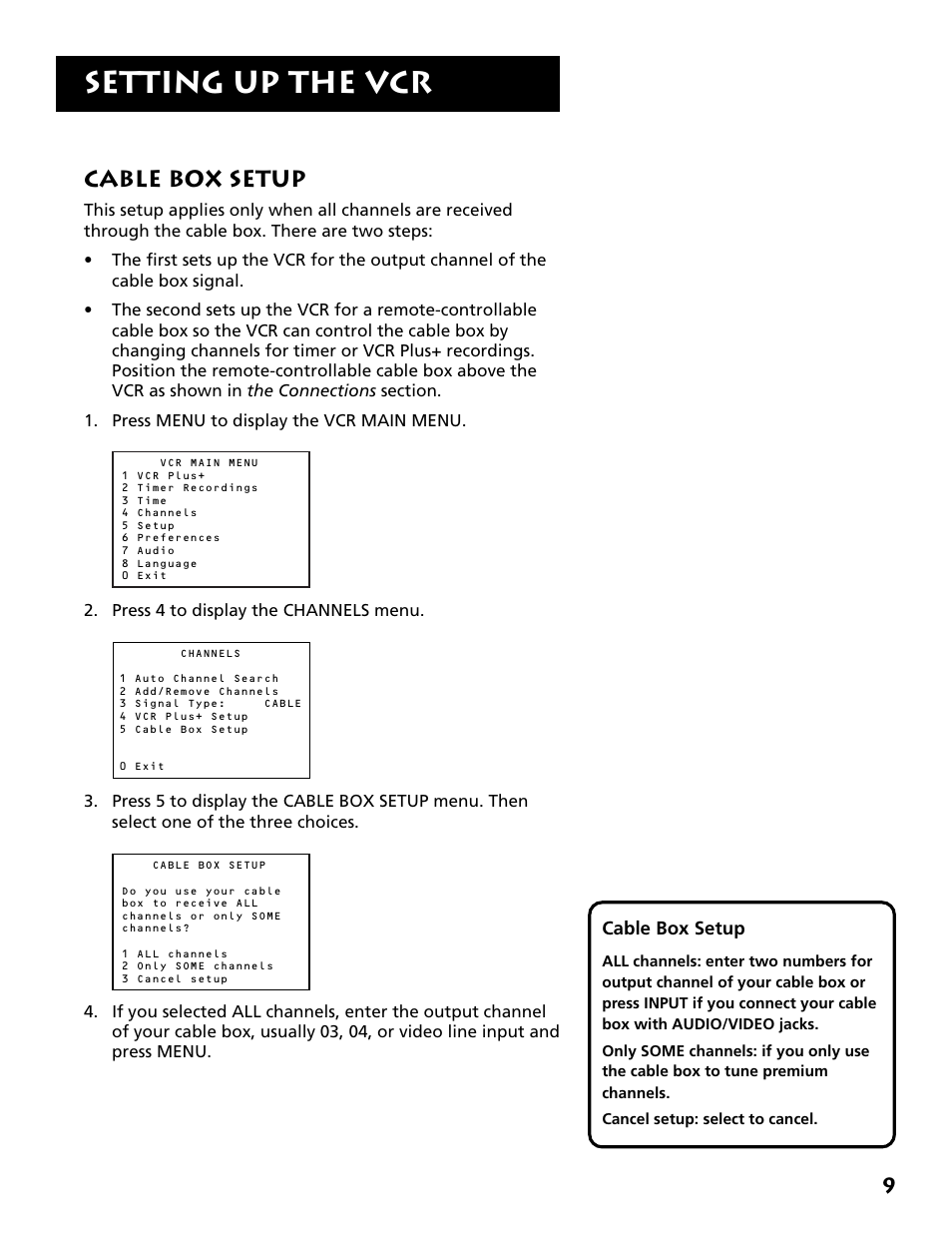 Cable box setup, Setting up the vcr | RCA VR702HF User Manual | Page 11 / 84