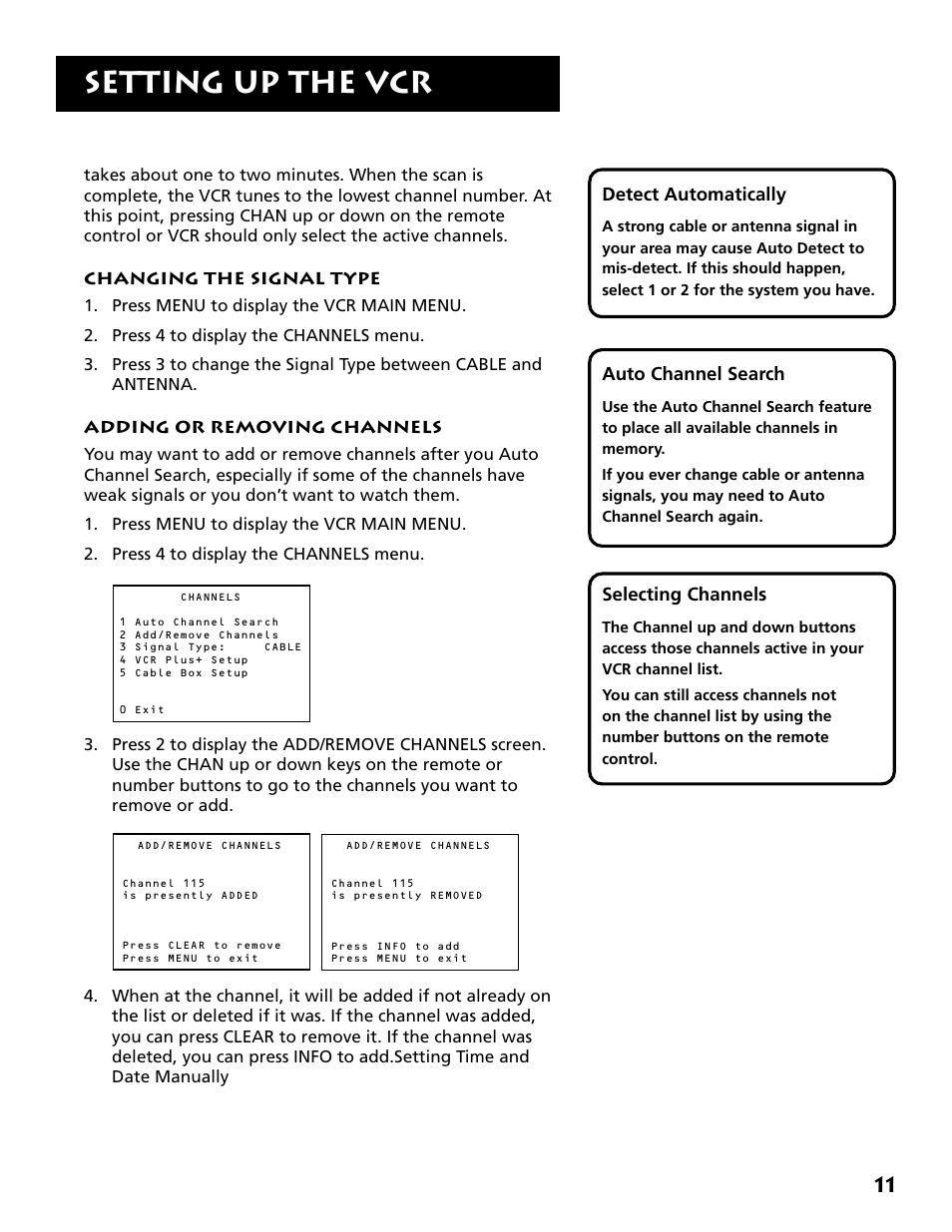 Changing the signal type, Adding or removing channels, Setting up the vcr | RCA VR702HF User Manual | Page 13 / 84