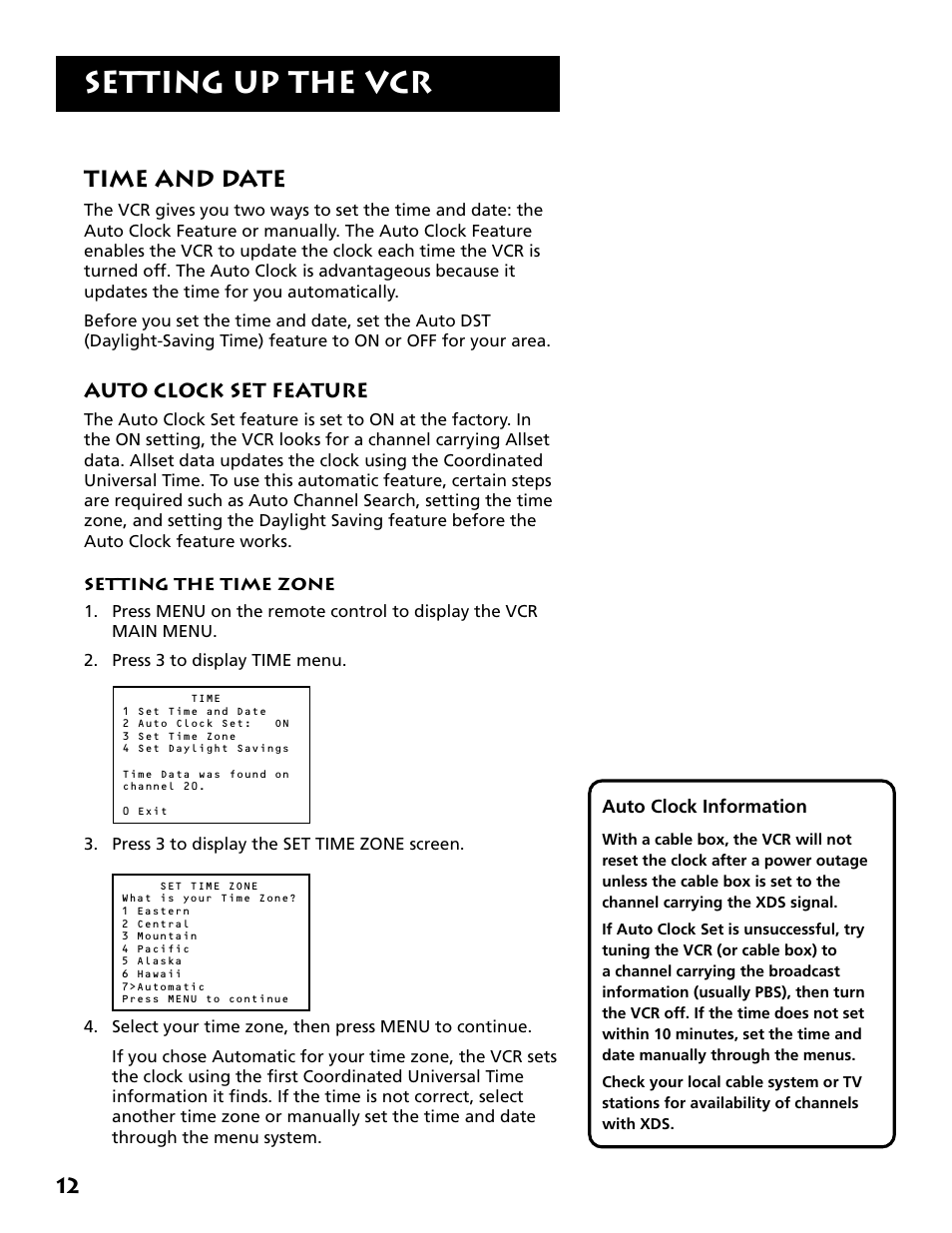 Time and date, Auto clock set feature, Setting the time zone | Setting up the vcr | RCA VR702HF User Manual | Page 14 / 84