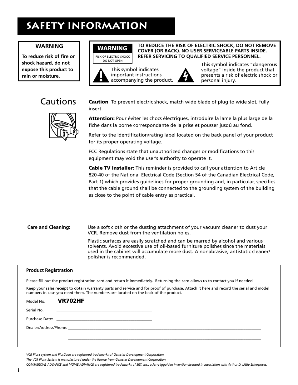 Safety information, Cautions | RCA VR702HF User Manual | Page 2 / 84