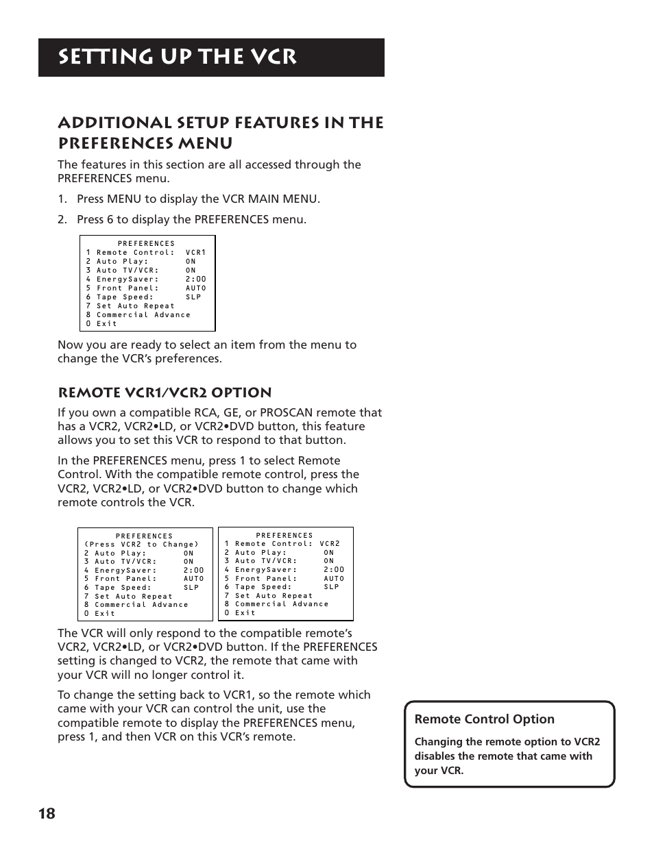 Additional setup features, Remote vcr1/vcr2 option, Setting up the vcr | Additional setup features in the preferences menu, Remote control option | RCA VR702HF User Manual | Page 20 / 84