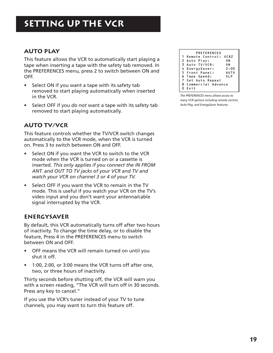 Auto play, Auto tv/vcr, Energysaver | Auto play auto tv/vcr energysaver, Setting up the vcr | RCA VR702HF User Manual | Page 21 / 84