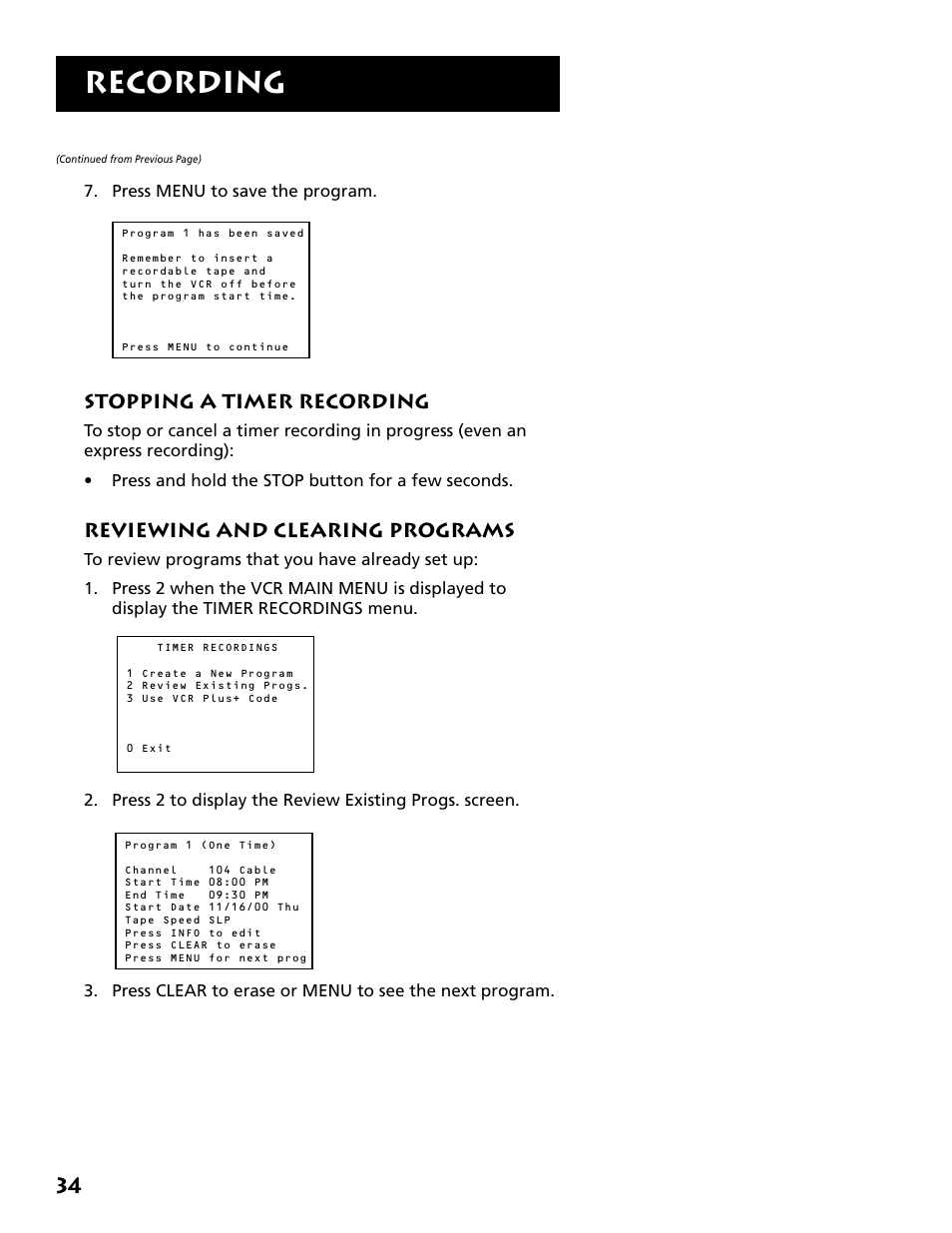 Stopping a timer recording, Reviewing and clearing programs, Recording | RCA VR702HF User Manual | Page 36 / 84