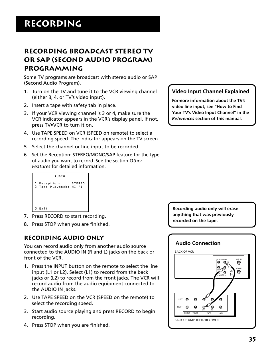 Recording audio only, Recording broadcast stereo tv or sap, Second audio program) programming | Recording, Audio connection, Video input channel explained | RCA VR702HF User Manual | Page 37 / 84