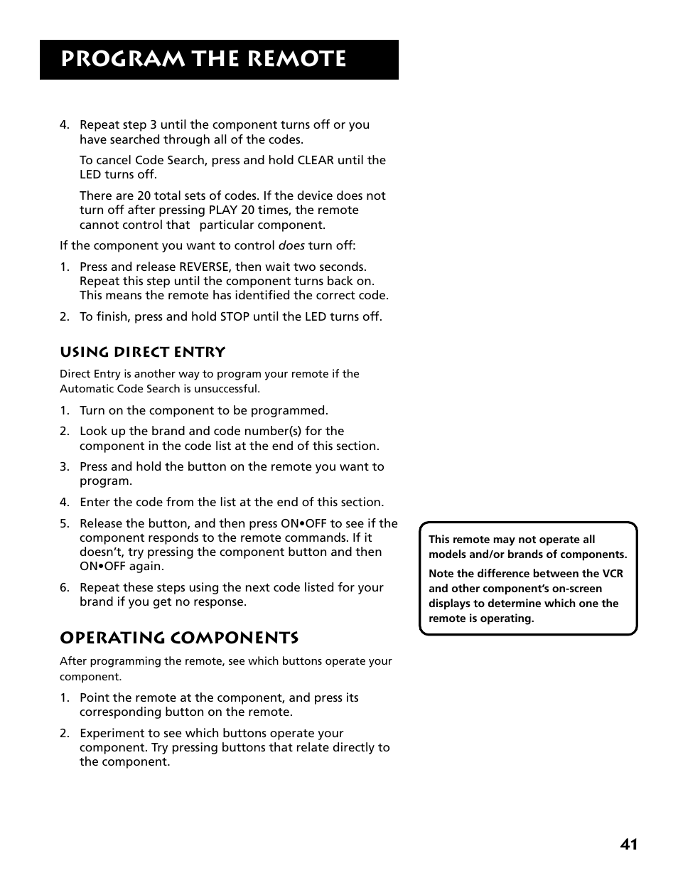 Using direct entry, Operating components, Program the remote | RCA VR702HF User Manual | Page 43 / 84