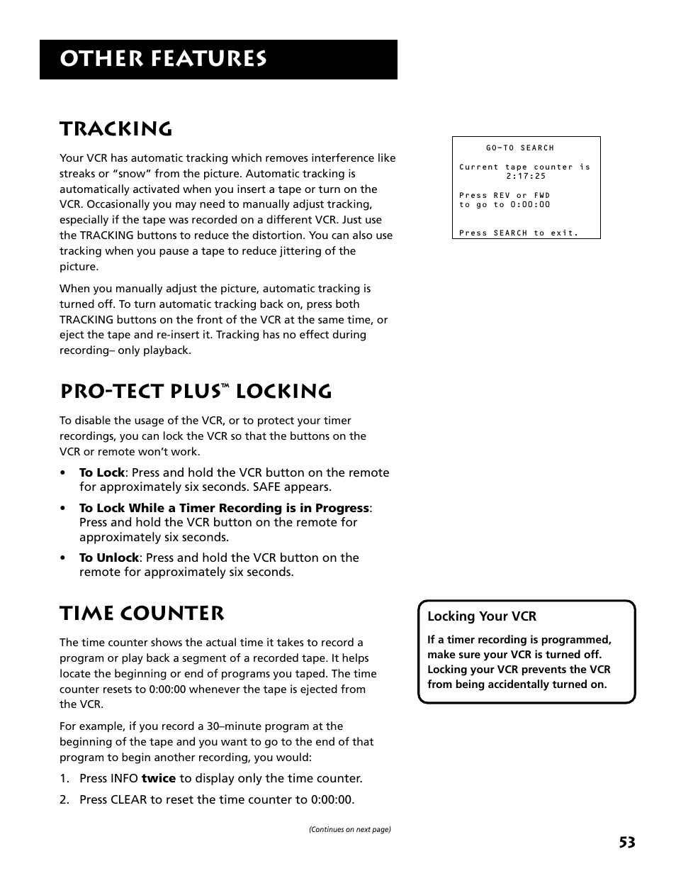 Tracking, Pro-tect plus™ locking, Time counter | Tracking pro-tect plus™ locking time counter, Other features, Pro-tect plus, Locking | RCA VR702HF User Manual | Page 55 / 84