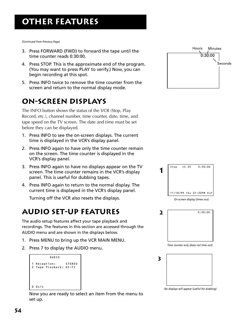 On-screen displays, Audio set-up features, Connections | On-screen displays audio set-up features, Other features | RCA VR702HF User Manual | Page 56 / 84