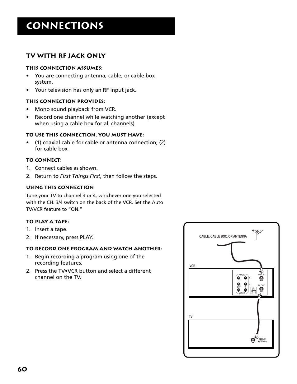 Tv with rf jack only, Connections | RCA VR702HF User Manual | Page 62 / 84