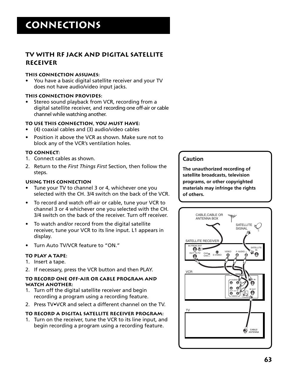 Tv with rf jack and satellite receiver, Connections, Tv with rf jack and digital satellite receiver | Caution | RCA VR702HF User Manual | Page 65 / 84