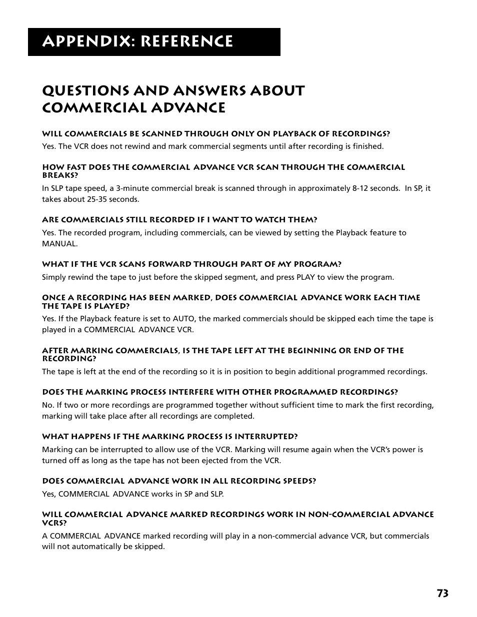Questions and answers about commercial advance, Questions and answers about, Commercial advance | Appendix: reference | RCA VR702HF User Manual | Page 75 / 84