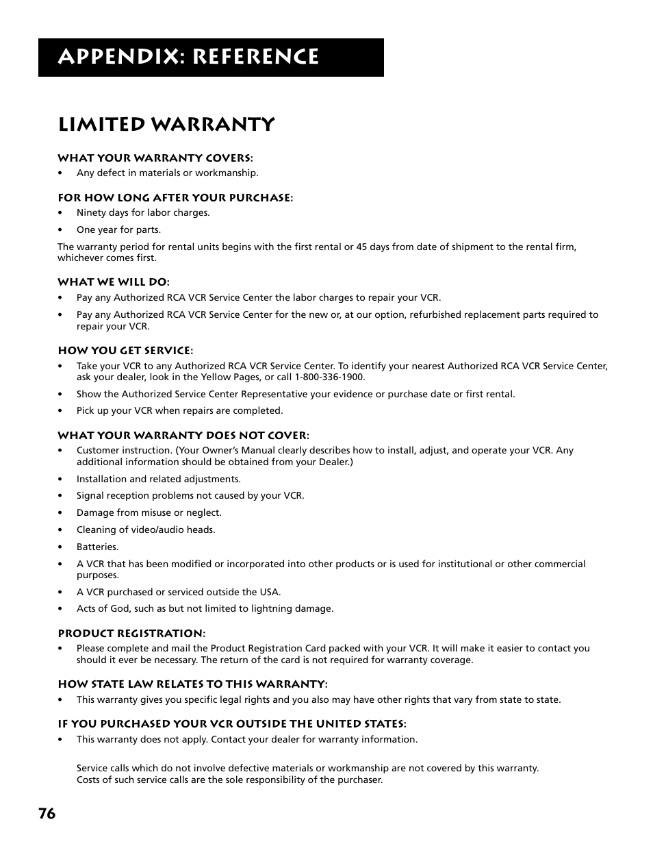 Warranty, Appendix: reference, Limited warranty | RCA VR702HF User Manual | Page 78 / 84