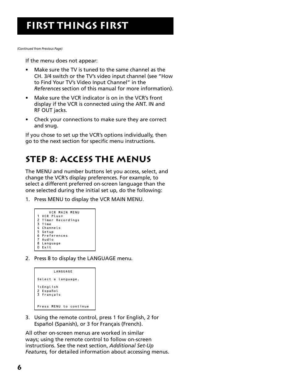 First things first, Step 8: access the menus | RCA VR702HF User Manual | Page 8 / 84