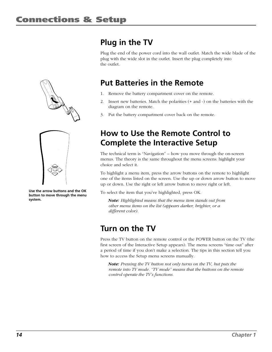 Connections & setup plug in the tv, Put batteries in the remote, Turn on the tv | RCA F26317 User Manual | Page 16 / 64