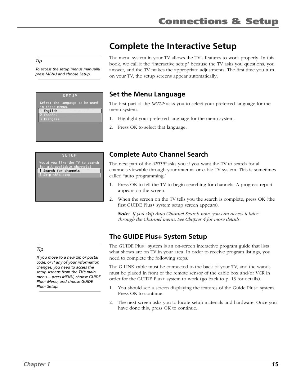 Connections & setup, Complete the interactive setup, Set the menu language | Complete auto channel search, The guide plus+ system setup | RCA F26317 User Manual | Page 17 / 64