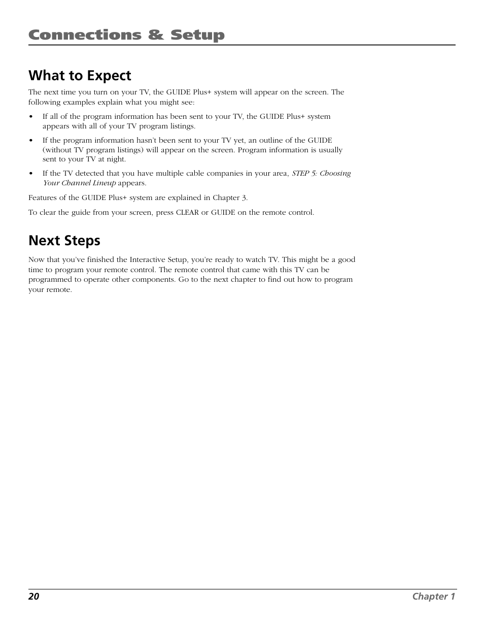 Connections & setup what to expect, Next steps | RCA F26317 User Manual | Page 22 / 64