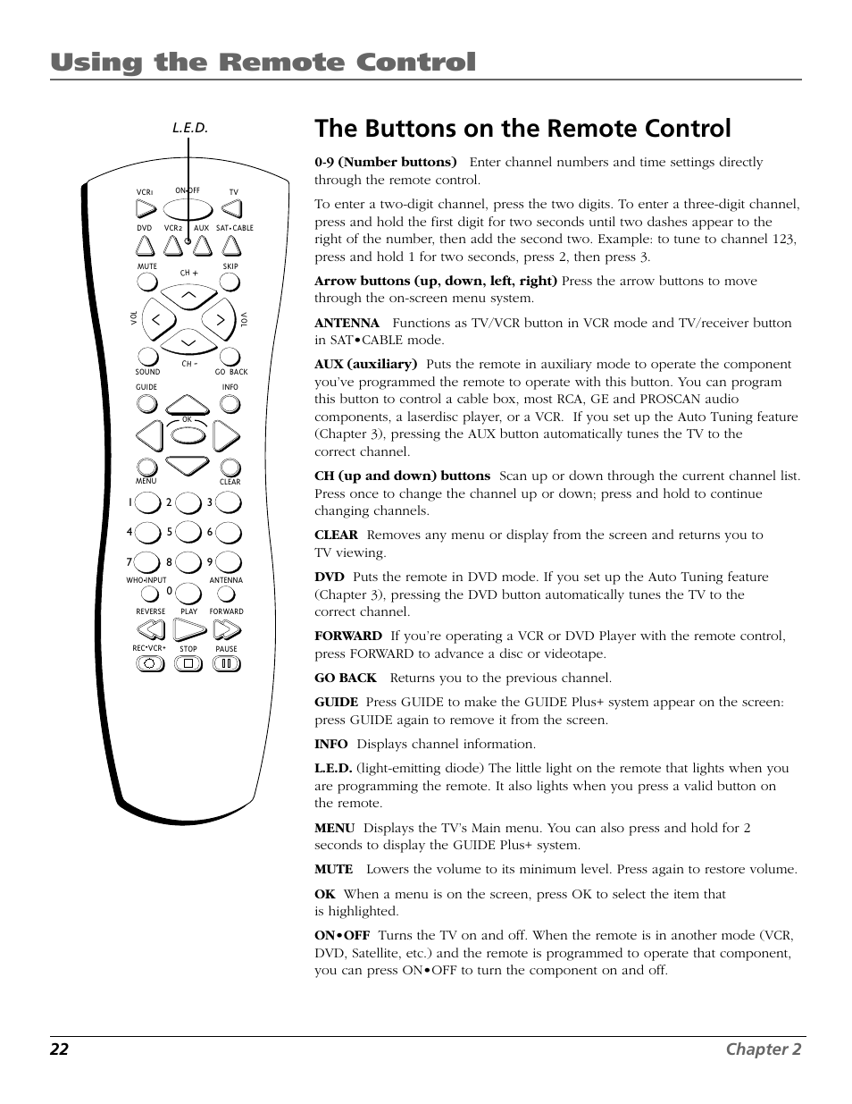 Using the remote control, The buttons on the remote control, 22 chapter 2 | RCA F26317 User Manual | Page 24 / 64