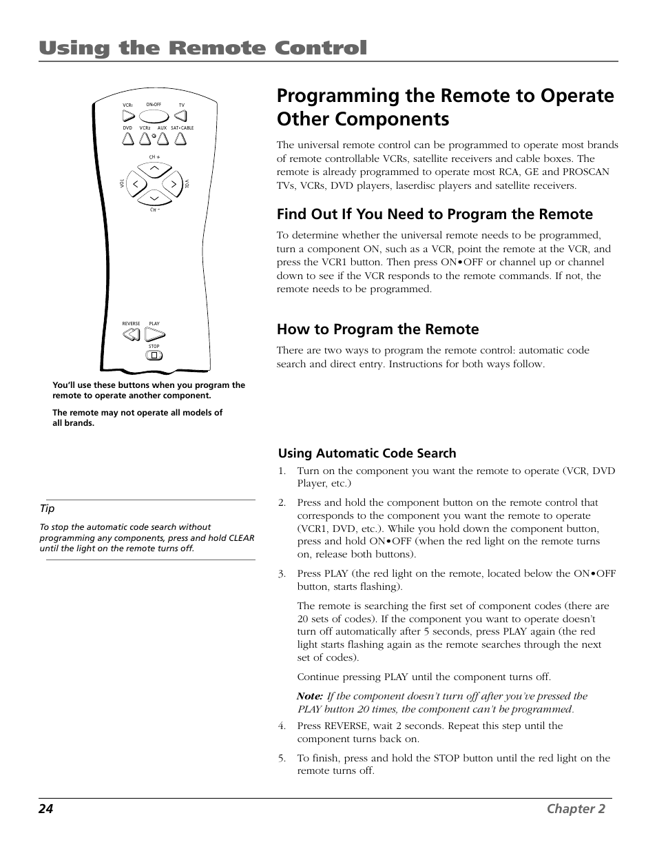 Using the remote control, Programming the remote to operate other components, Find out if you need to program the remote | How to program the remote, 24 chapter 2, Using automatic code search | RCA F26317 User Manual | Page 26 / 64