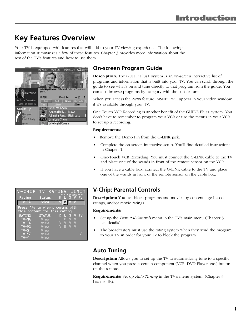 Introduction, Key features overview, On-screen program guide | V-chip: parental controls, Auto tuning | RCA F26317 User Manual | Page 3 / 64