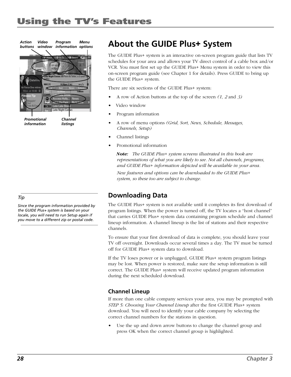 Using the tv’s features, About the guide plus+ system, Downloading data | RCA F26317 User Manual | Page 30 / 64