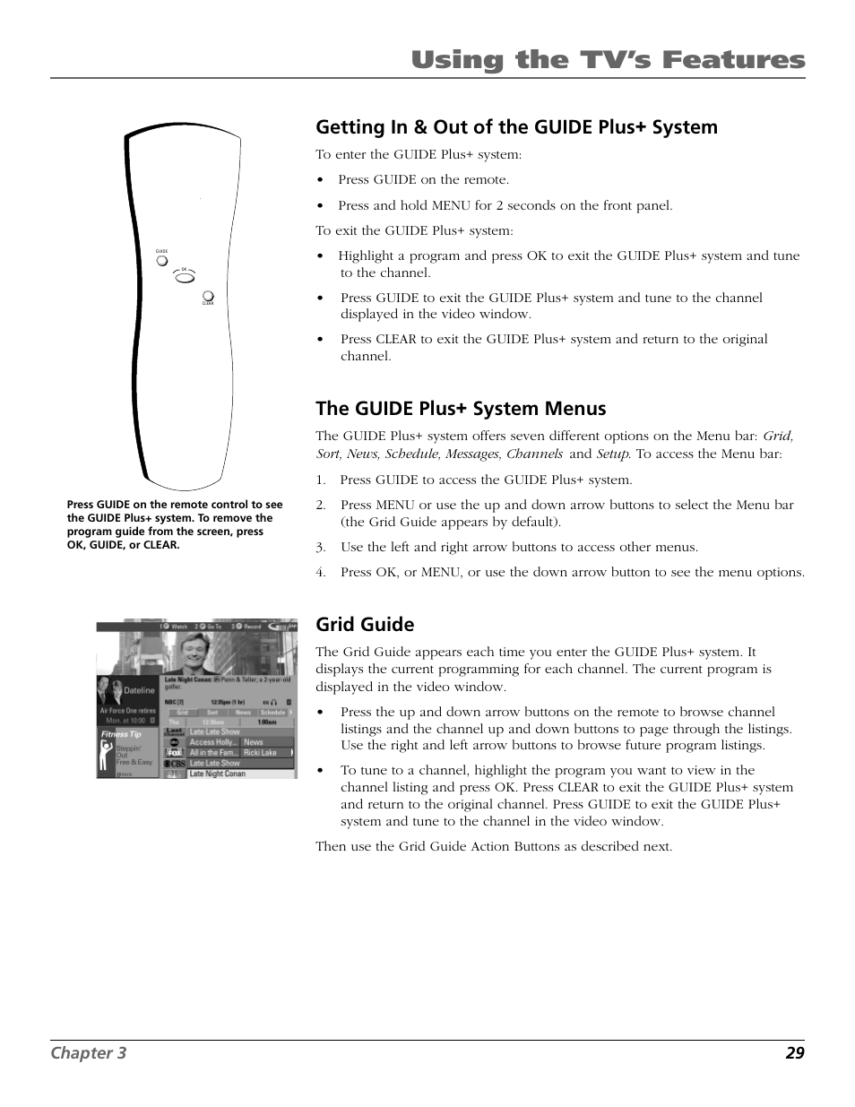 Using the tv’s features, Getting in & out of the guide plus+ system, The guide plus+ system menus | Grid guide | RCA F26317 User Manual | Page 31 / 64