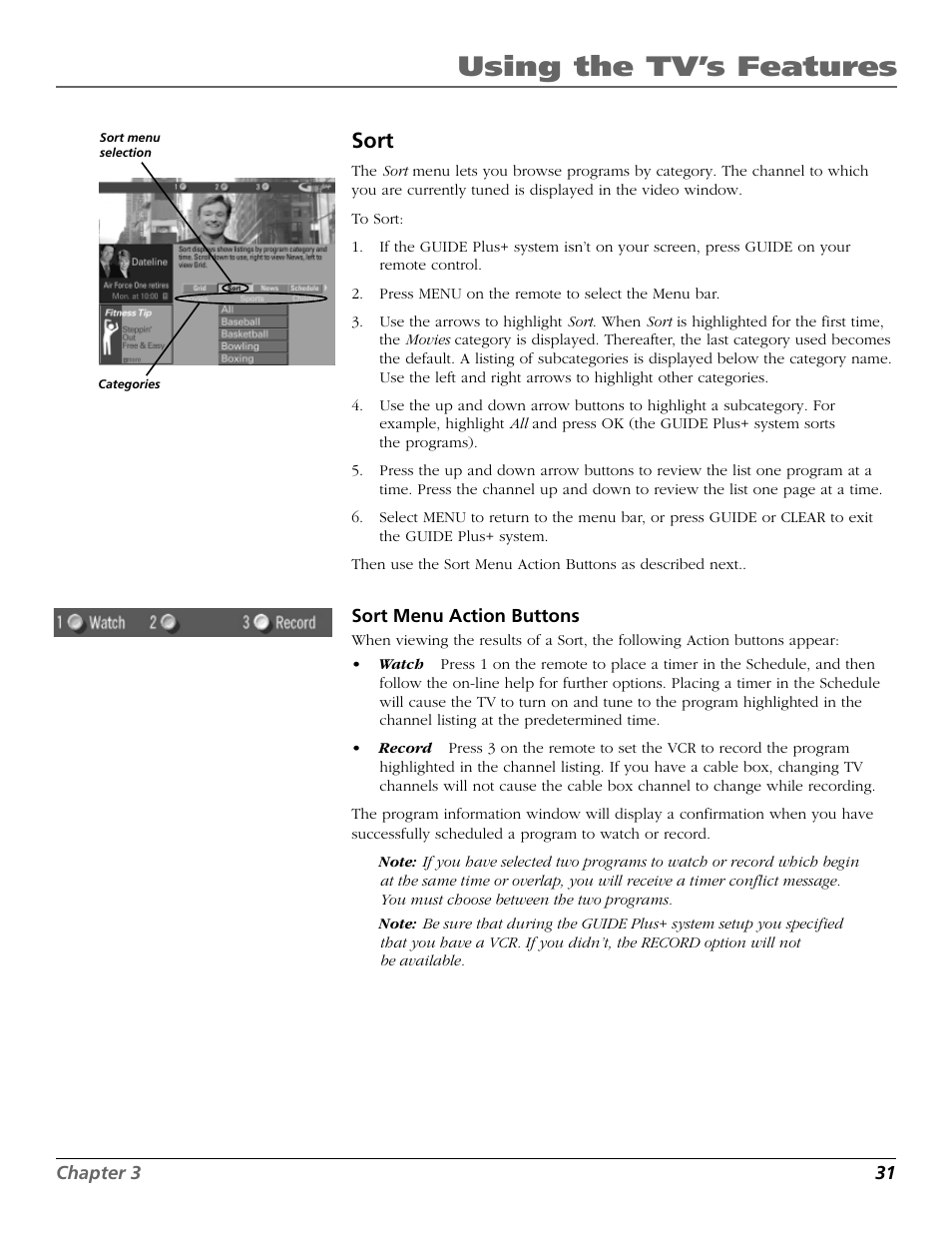 Using the tv’s features, Sort | RCA F26317 User Manual | Page 33 / 64