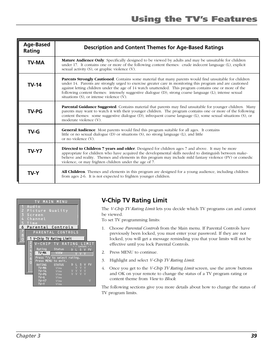 Using the tv’s features, V-chip tv rating limit, Chapter 3 39 | RCA F26317 User Manual | Page 41 / 64