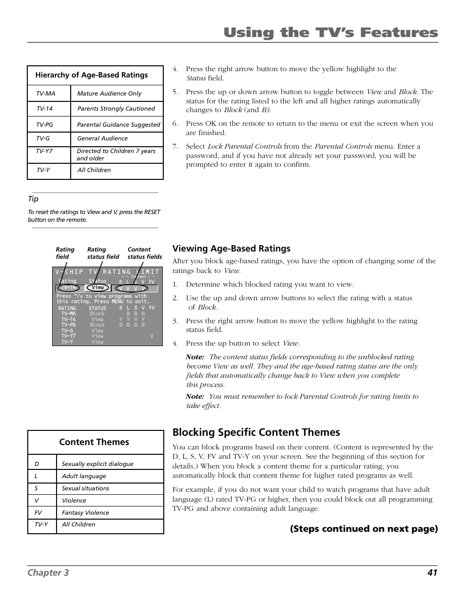 Using the tv’s features, Blocking specific content themes, Chapter 3 41 | Viewing age-based ratings, Content themes (steps continued on next page) | RCA F26317 User Manual | Page 43 / 64