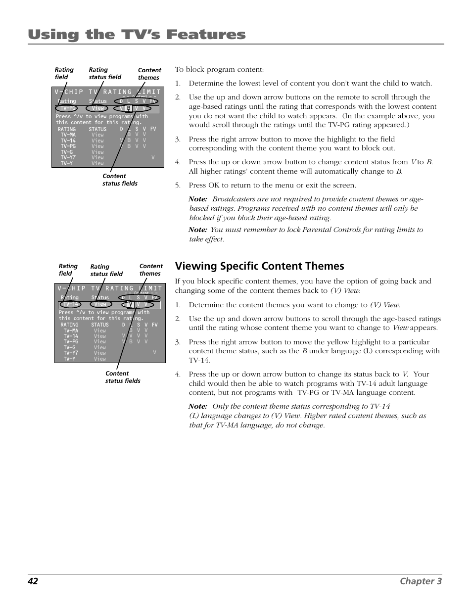 Using the tv’s features, Viewing specific content themes, 42 chapter 3 | RCA F26317 User Manual | Page 44 / 64