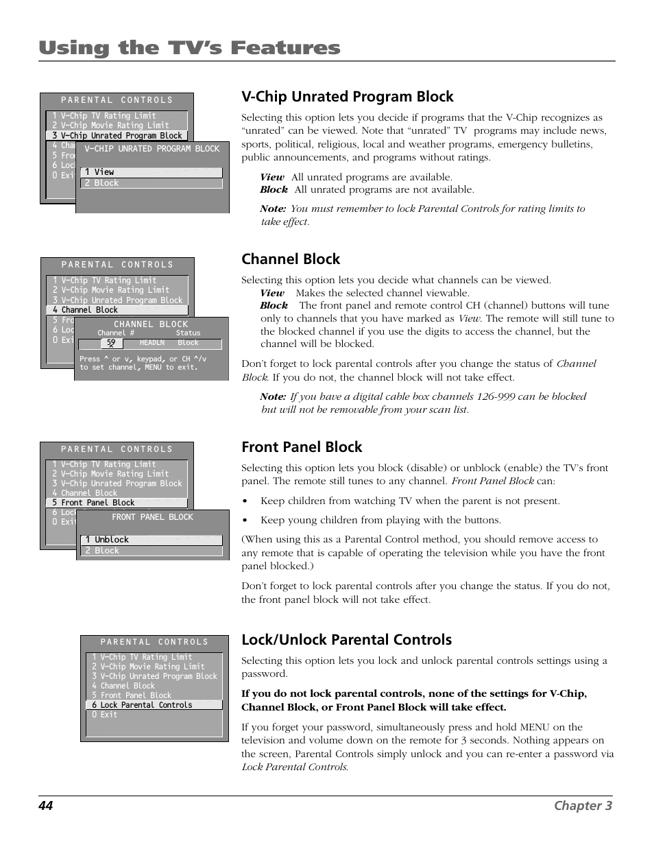 Using the tv’s features, V-chip unrated program block, Channel block | Front panel block, Lock/unlock parental controls, 44 chapter 3 | RCA F26317 User Manual | Page 46 / 64