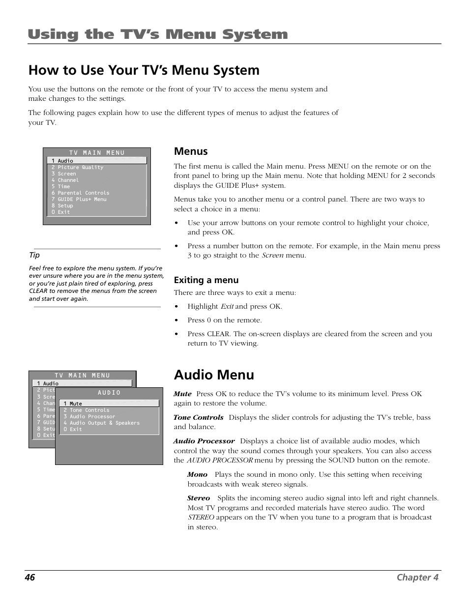 Using the tv’s menu system, How to use your tv’s menu system, Audio menu | Menus | RCA F26317 User Manual | Page 48 / 64