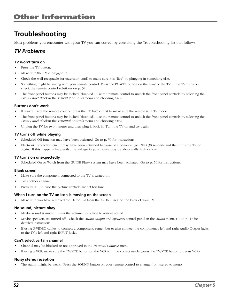 Other information, Troubleshooting, Tv problems | RCA F26317 User Manual | Page 54 / 64