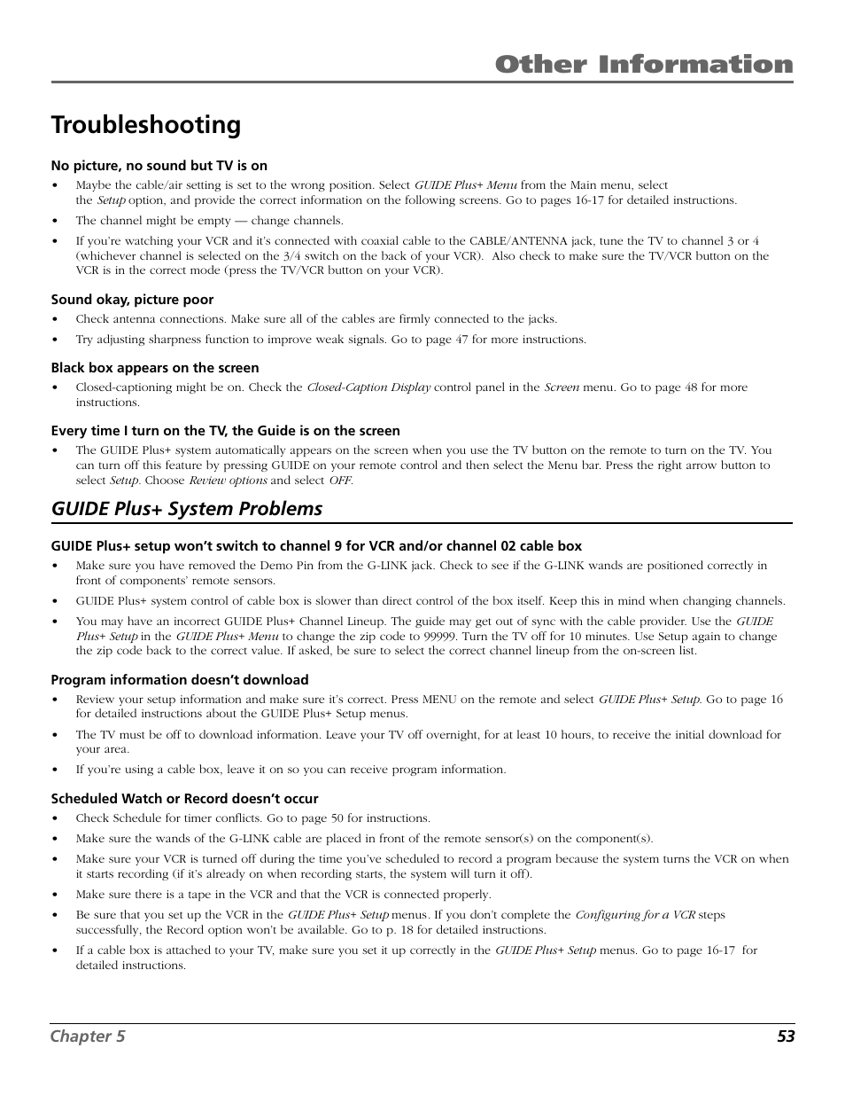 Other information troubleshooting, Guide plus+ system problems | RCA F26317 User Manual | Page 55 / 64