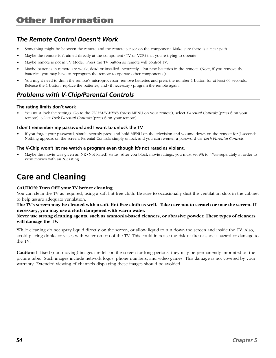 Other information, Care and cleaning, The remote control doesn’t work | Problems with v-chip/parental controls | RCA F26317 User Manual | Page 56 / 64