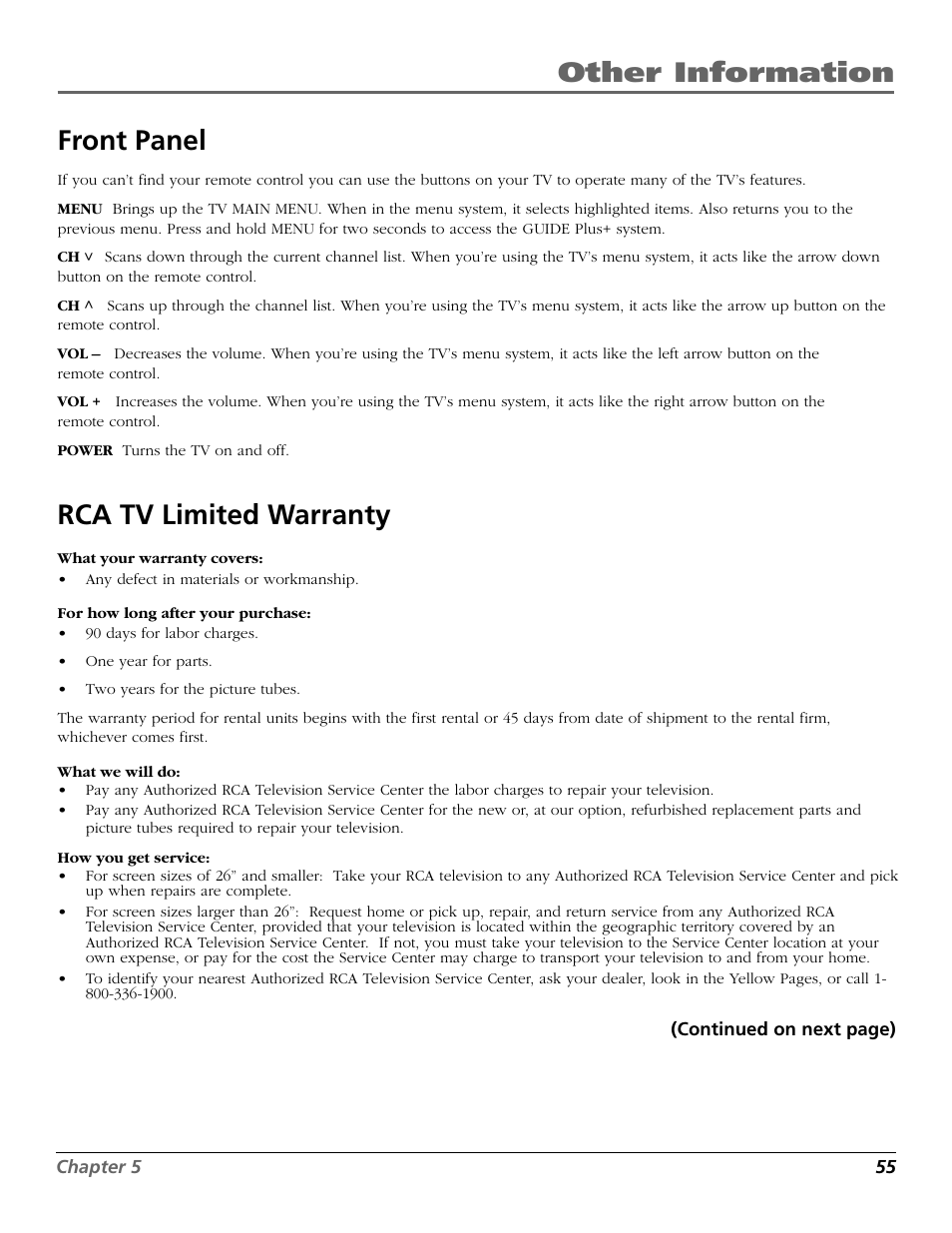 Other information front panel, Rca tv limited warranty | RCA F26317 User Manual | Page 57 / 64